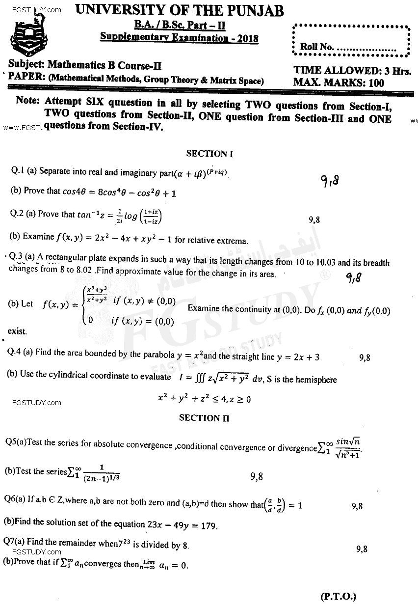 BSc Part 2 Mathematics B Course 2 Mathematical Methods Group Theory And Metric Spaces Past Paper 2018 Punjab University