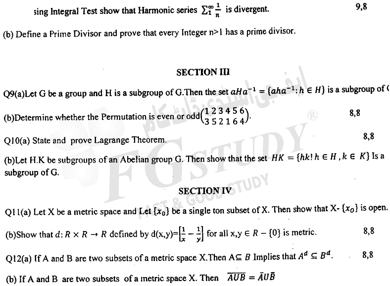 BSc Part 2 Mathematics B Course 2 Mathematical Methods Group Theory And Metric Spaces Past Paper 2018 Punjab University