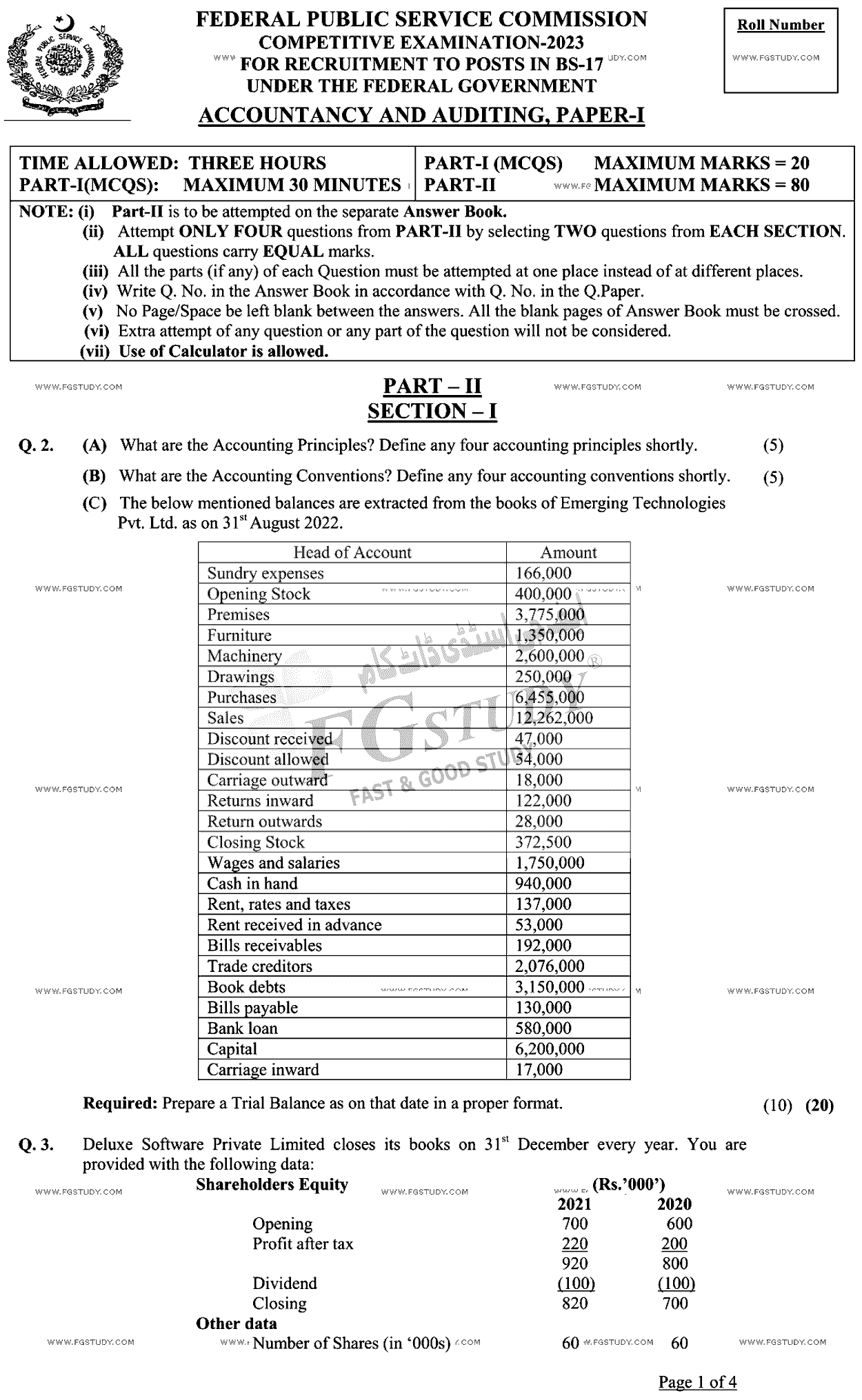 CSS Accountancy And Auditing 1 Past Paper 2023 Federal Public Service Commission