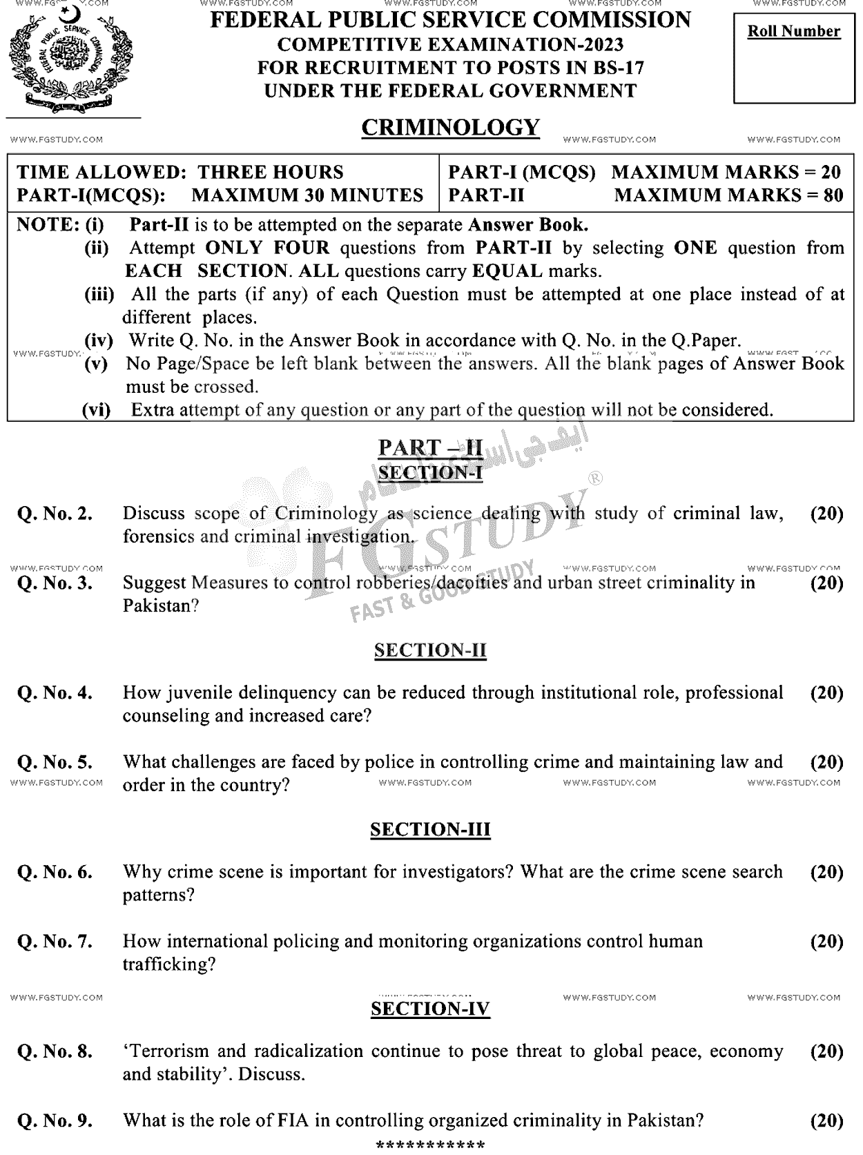 CSS Criminology Past Paper 2023 Federal Public Service Commission