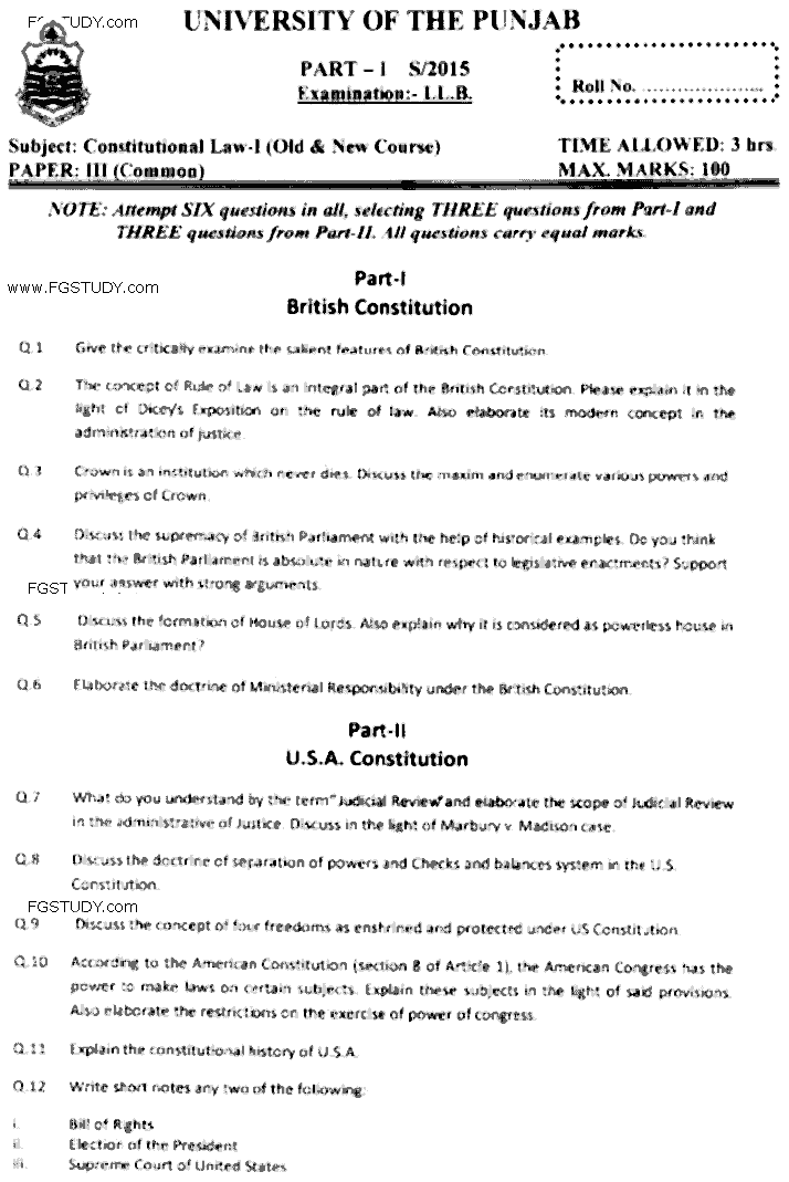 LLB Part 1 Constitutional Law 1 Past Paper 2015 Punjab University