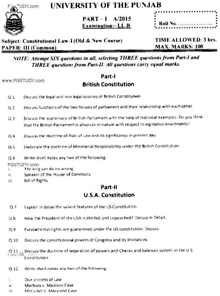 LLB Part 1 Constitutional Law 1 Past Paper 2015 Punjab University