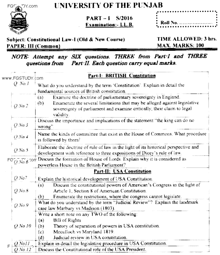 LLB Part 1 Constitutional Law 1 Past Paper 2016 Punjab University