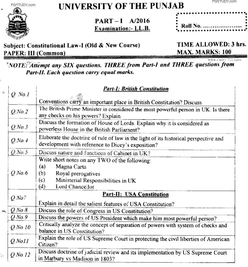 LLB Part 1 Constitutional Law 1 Past Paper 2016 Punjab University