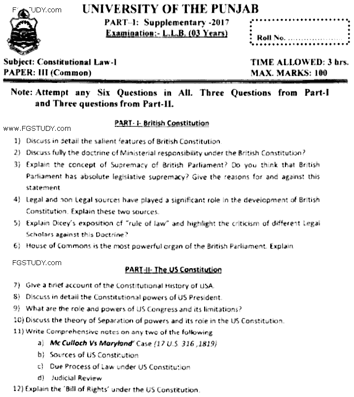 LLB Part 1 Constitutional Law 1 Past Paper 2017 Punjab University