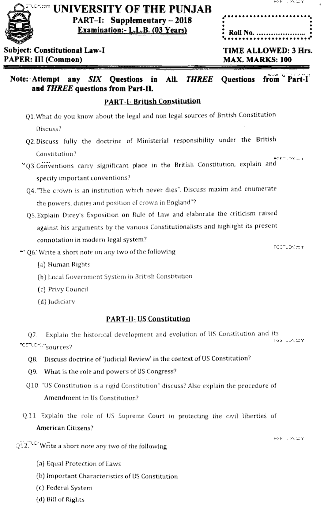 LLB Part 1 Constitutional Law 1 Past Paper 2018 Punjab University