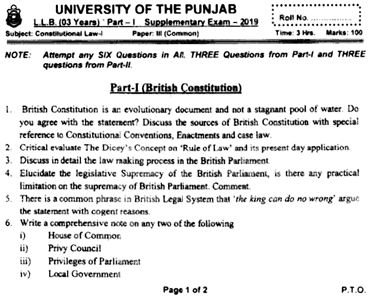 LLB Part 1 Constitutional Law 1 Past Paper 2019 Punjab University