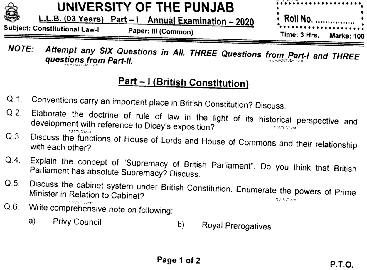LLB Part 1 Constitutional Law 1 Past Paper 2020 Punjab University