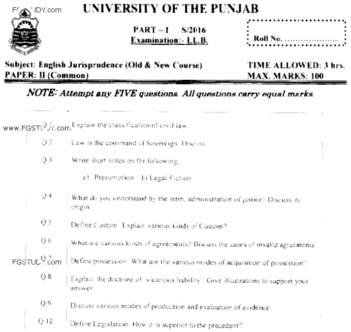 LLB Part 1 English Jurisprudence Past Paper 2016 Punjab University