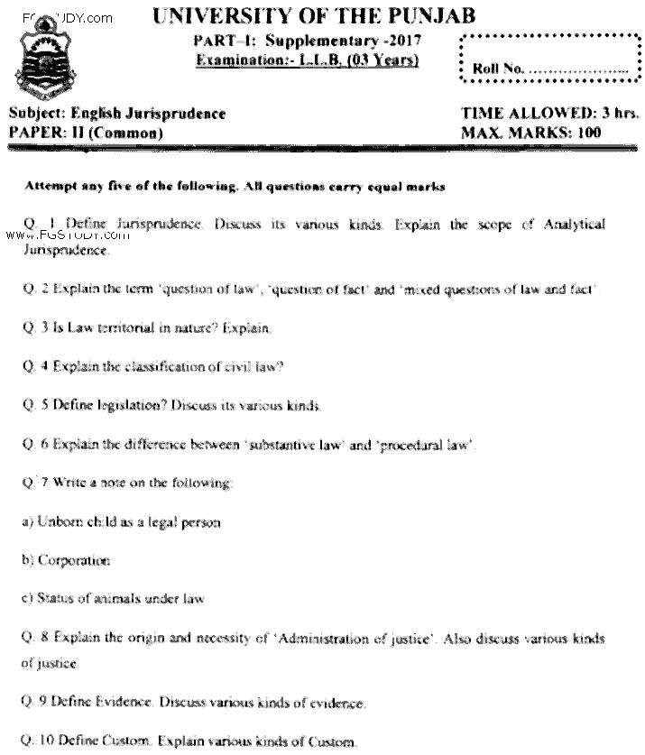 LLB Part 1 English Jurisprudence Past Paper 2017 Punjab University