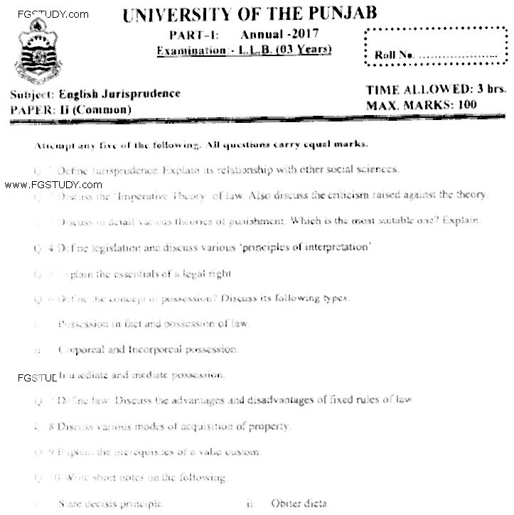 LLB Part 1 English Jurisprudence Past Paper 2017 Punjab University