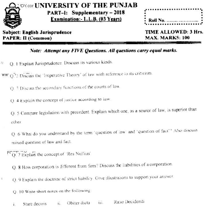 LLB Part 1 English Jurisprudence Past Paper 2018 Punjab University