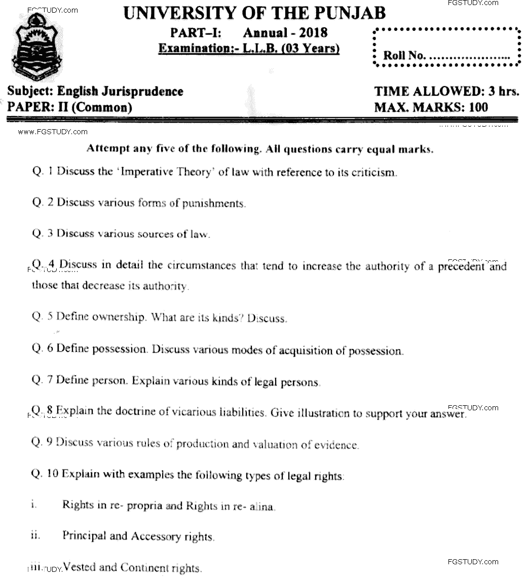 LLB Part 1 English Jurisprudence Past Paper 2018 Punjab University