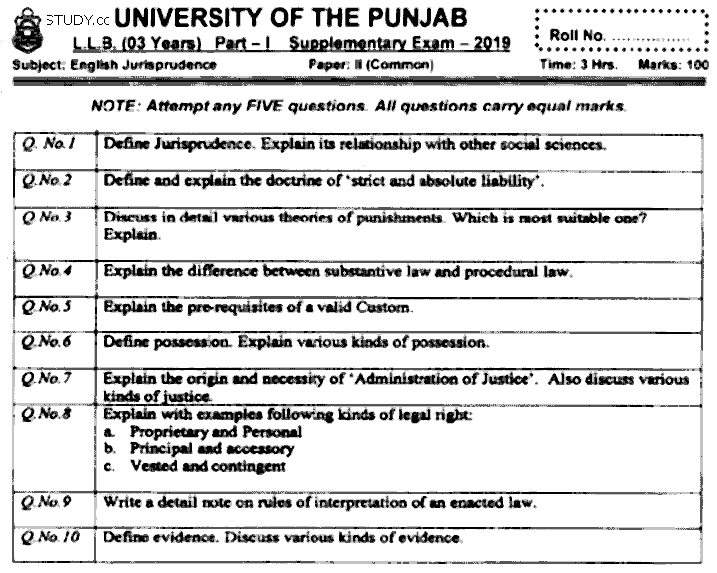 LLB Part 1 English Jurisprudence Past Paper 2019 Punjab University
