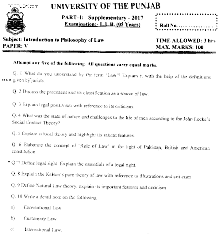 LLB Part 1 Introduction To Philosophy Of Law Past Paper 2017 Punjab University