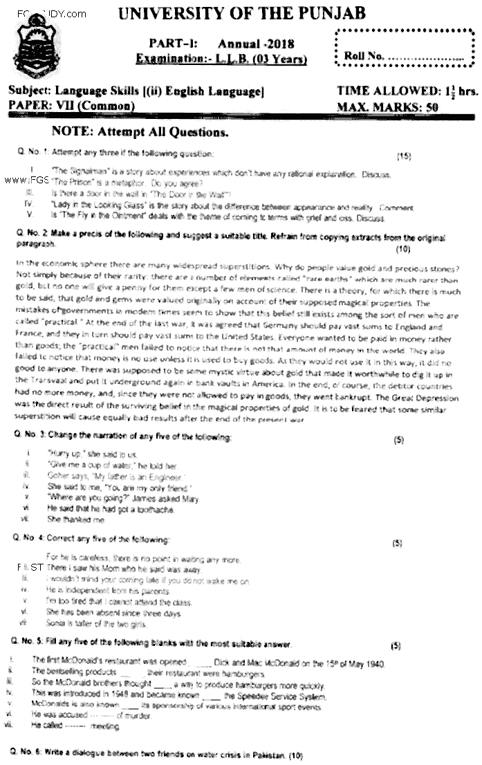 LLB Part 1 Language Skills 2 English Language Past Paper 2018 Punjab University