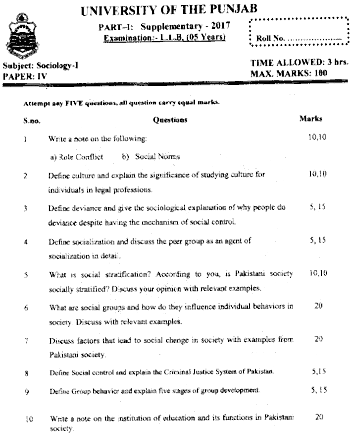 LLB Part 1 Sociology Past Paper 2017 Punjab University