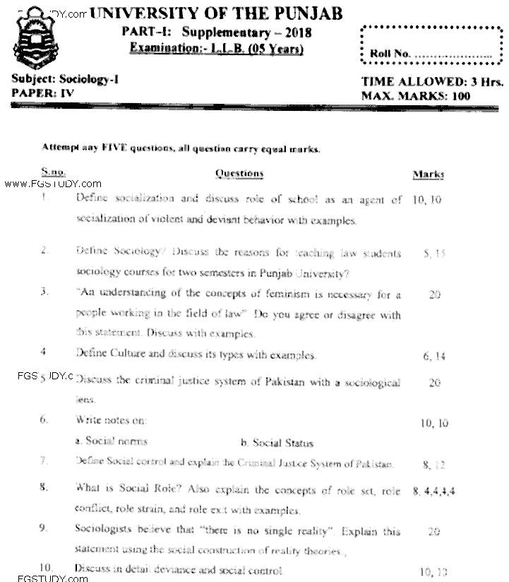 LLB Part 1 Sociology Past Paper 2018 Punjab University