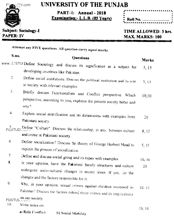 LLB Part 1 Sociology Past Paper 2018 Punjab University