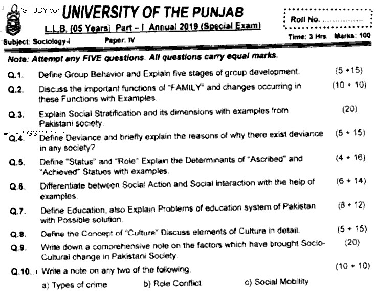 LLB Part 1 Sociology Past Paper 2019 Punjab University