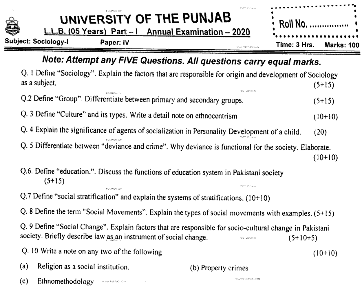LLB Part 1 Sociology Past Paper 2020 Punjab University