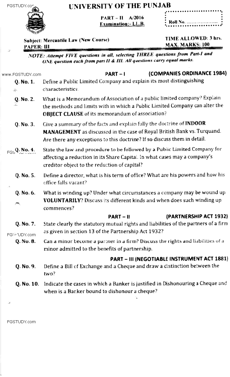 LLB Part 2 Mercantile Law Past Paper 2016 Punjab University