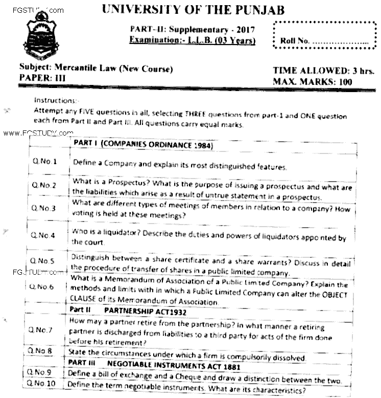 LLB Part 2 Mercantile Law Past Paper 2017 Punjab University