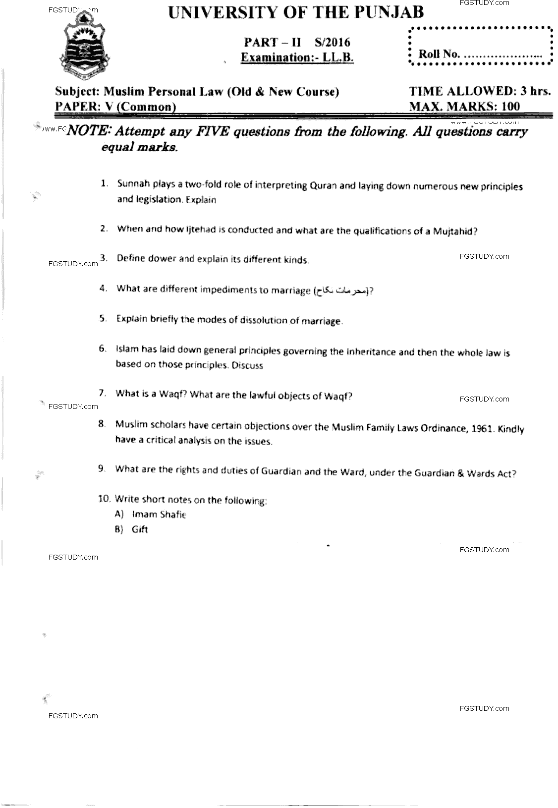 LLB Part 2 Muslim Personal Law Past Paper 2016 Punjab University
