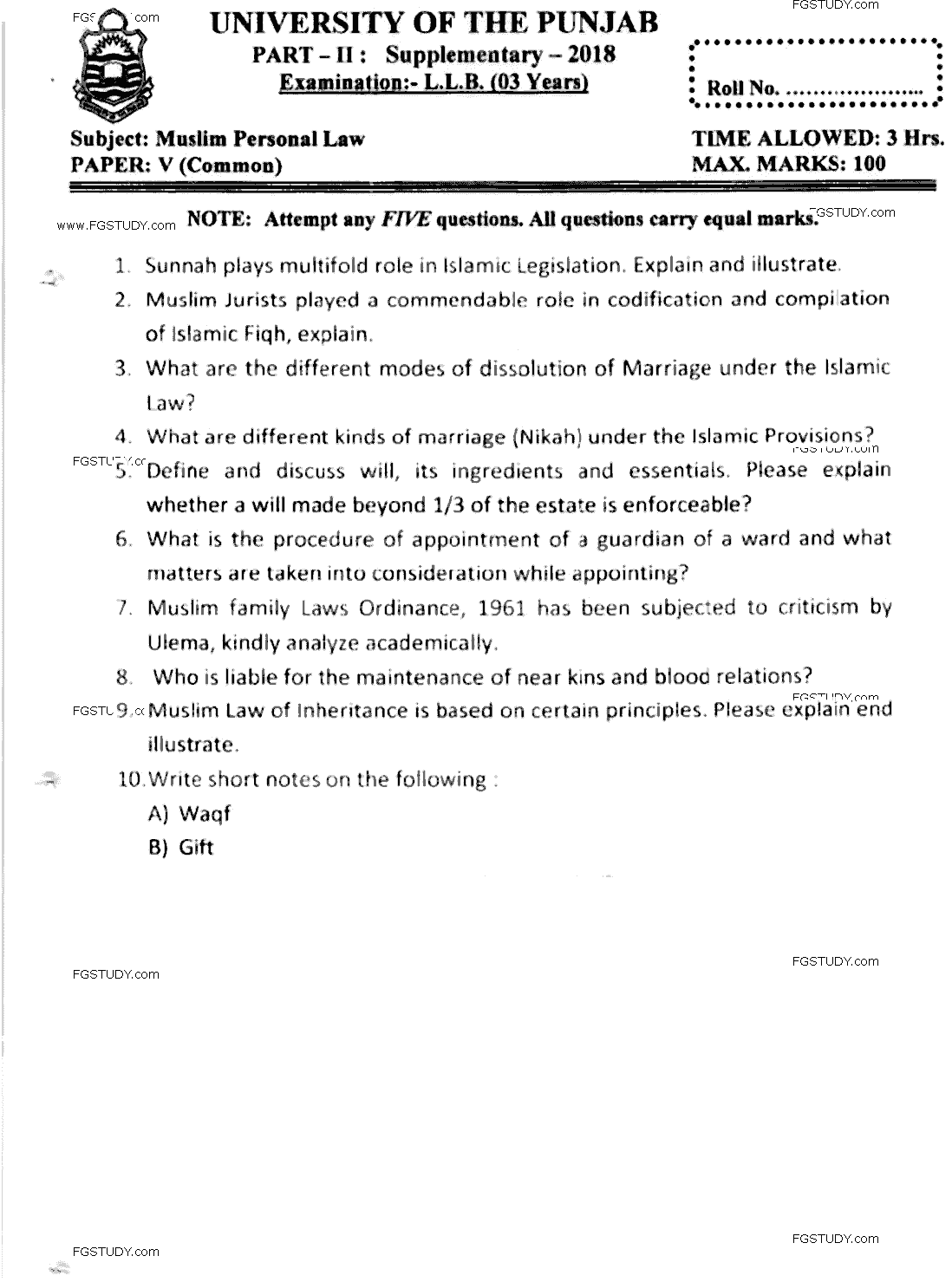 LLB Part 2 Muslim Personal Law Past Paper 2018 Punjab University