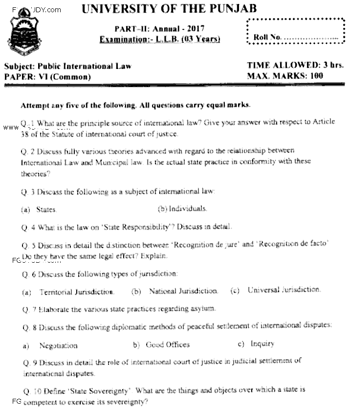 LLB Part 2 Public International Law Past Paper 2017 Punjab University