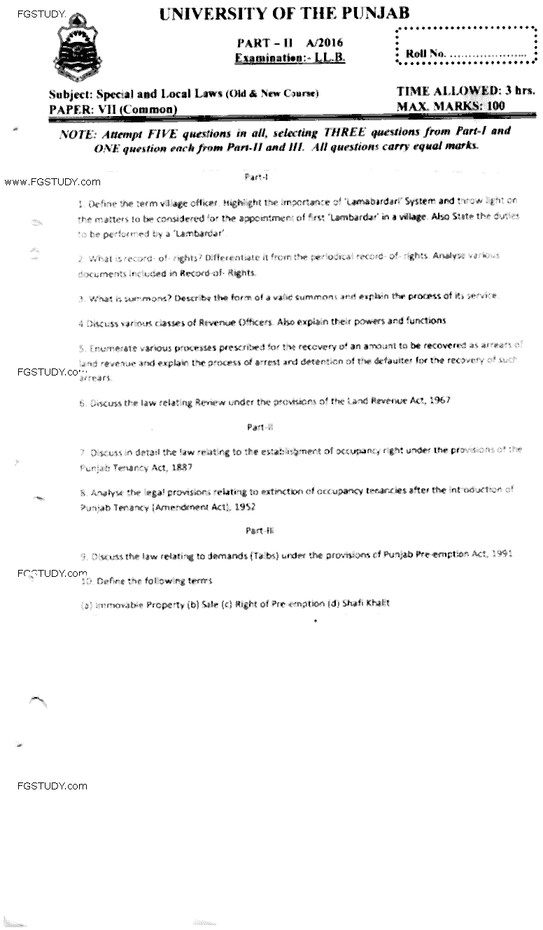 LLB Part 2 Special Local Laws Past Paper 2016 Punjab University