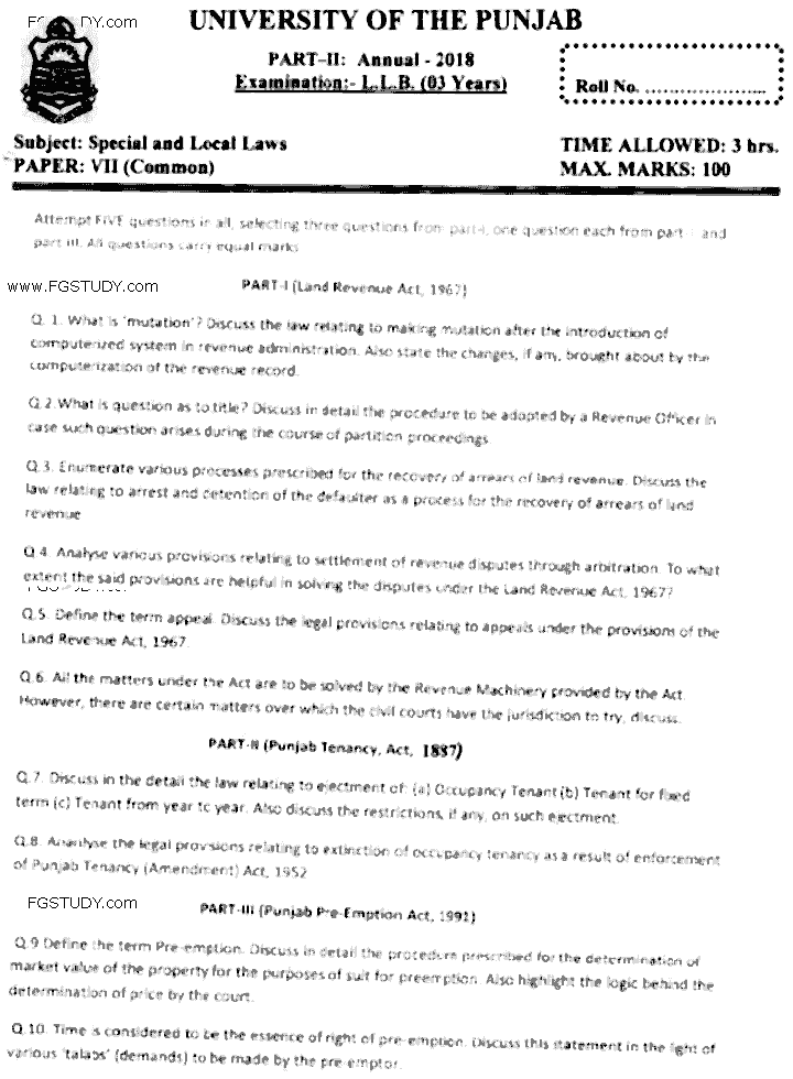 LLB Part 2 Special Local Laws Past Paper 2018 Punjab University