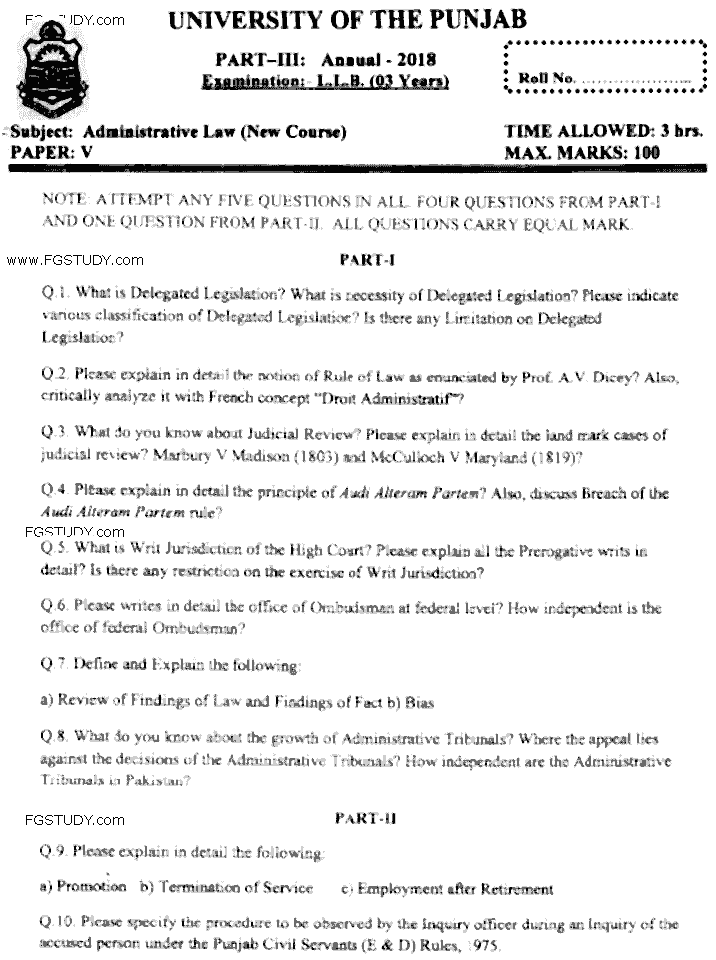 LLB Part 3 Administrative Law Past Paper 2018 Punjab University
