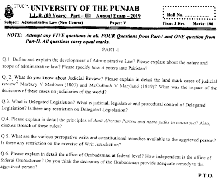 LLB Part 3 Administrative Law Past Paper 2019 Punjab University