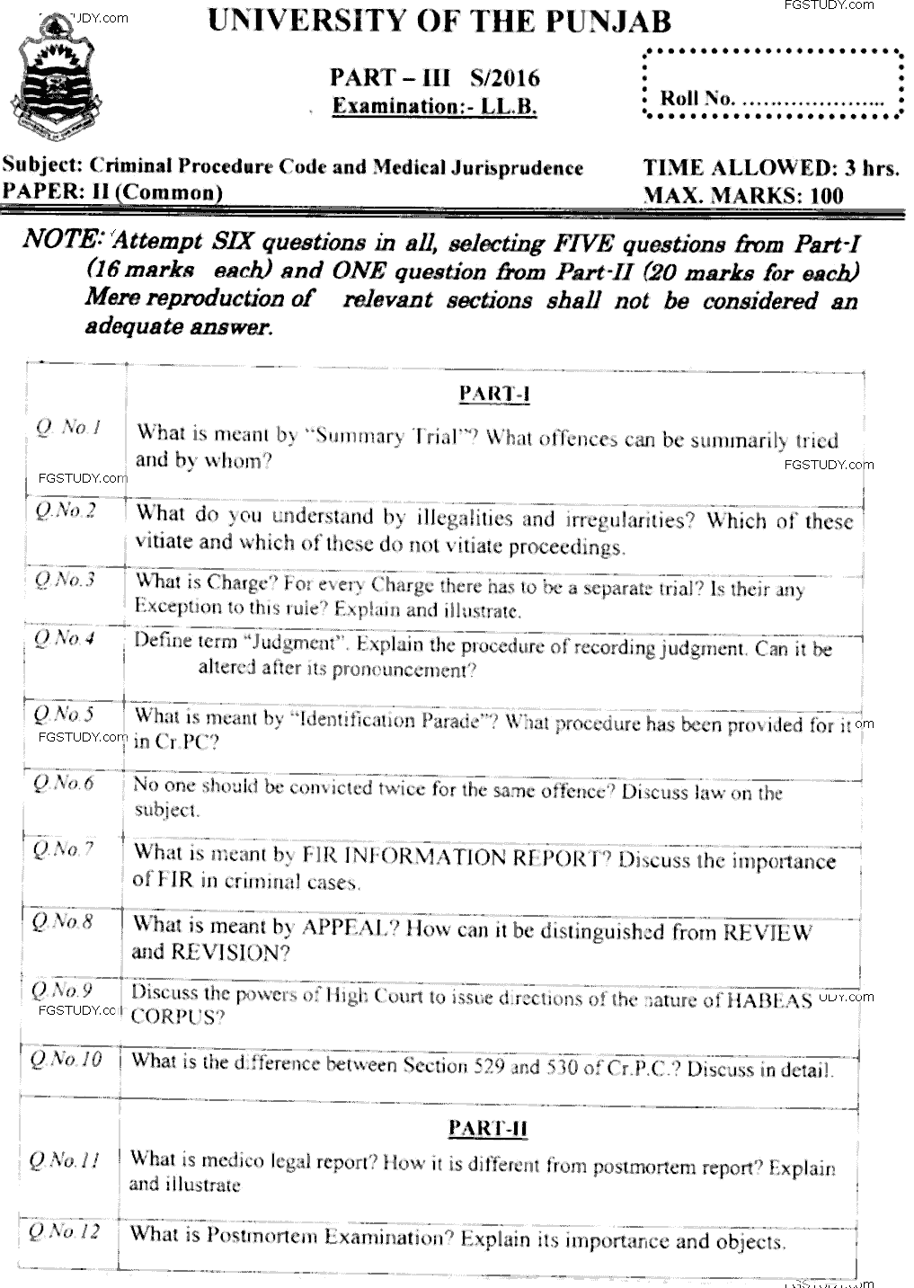LLB Part 3 Criminal Procedure Code Medical Jurisprudence Past Paper 2016 Punjab University