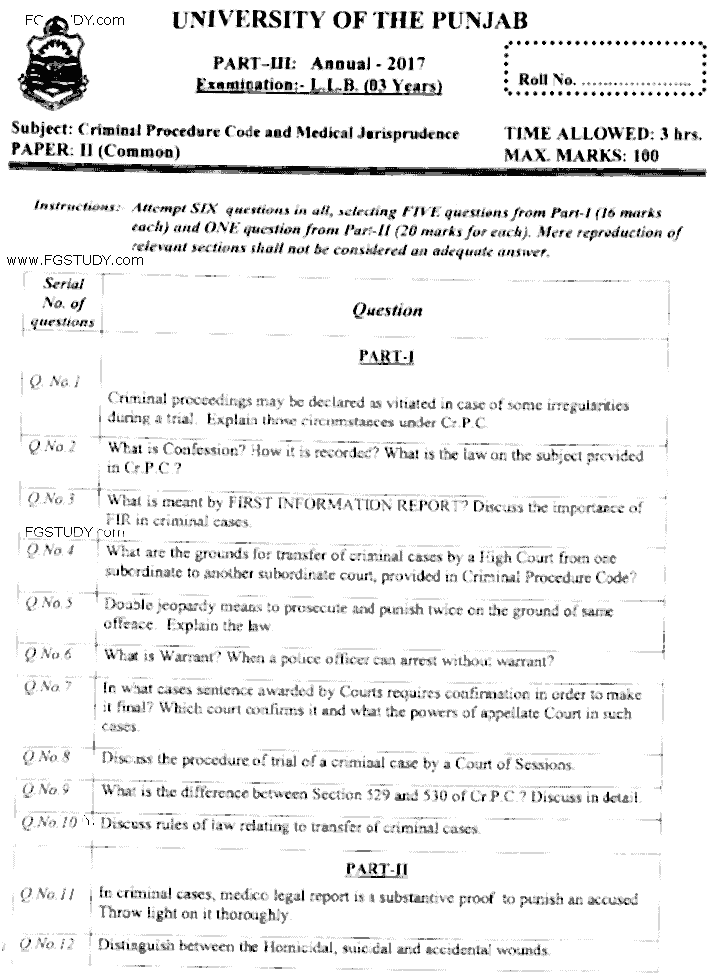 LLB Part 3 Criminal Procedure Code Medical Jurisprudence Past Paper 2017 Punjab University