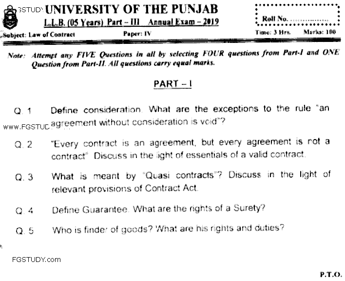 LLB Part 3 Law Of Contract Past Paper 2019 Punjab University