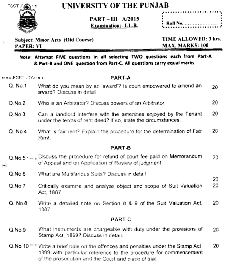 LLB Part 3 Minor Acts Past Paper 2015 Punjab University