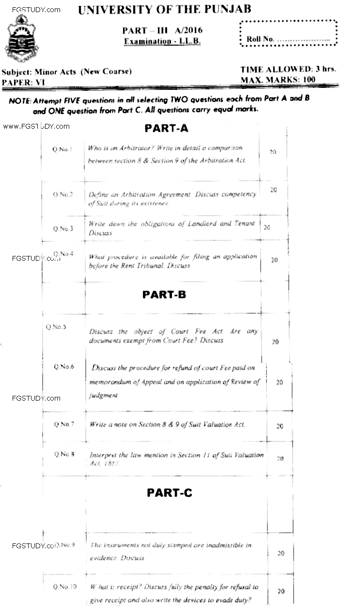 LLB Part 3 Minor Acts Past Paper 2016 Punjab University