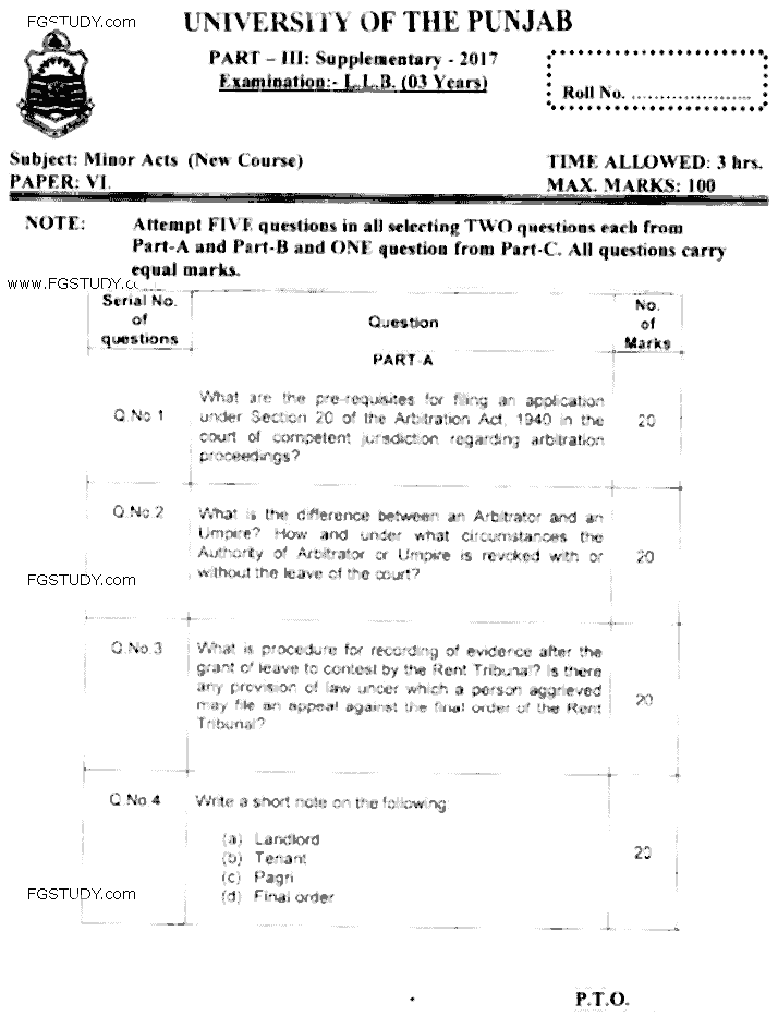 LLB Part 3 Minor Acts Past Paper 2017 Punjab University