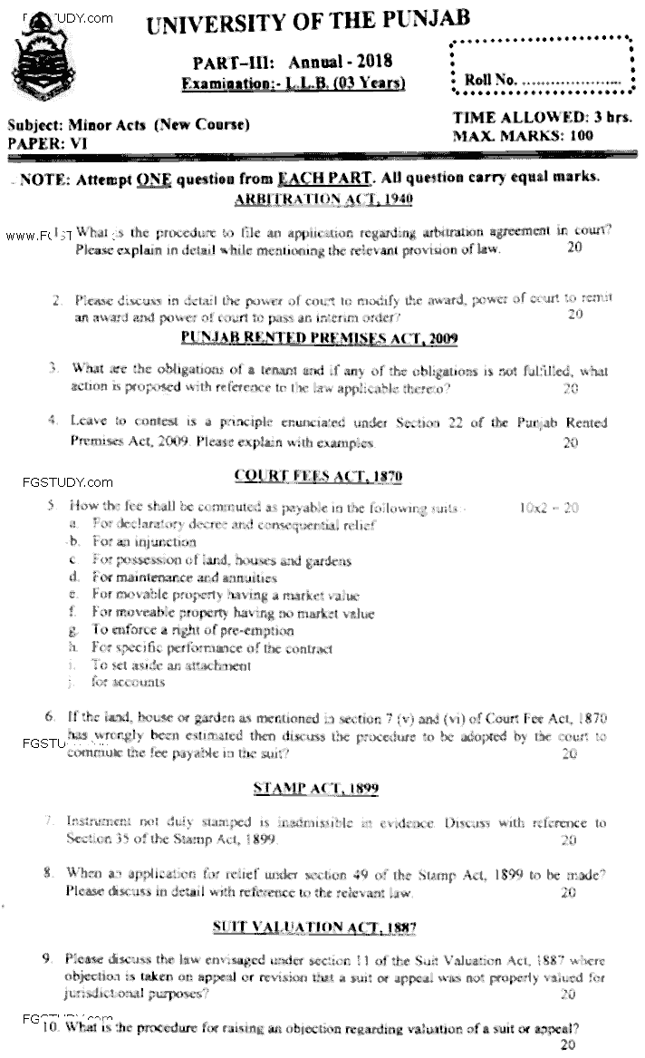 LLB Part 3 Minor Acts Past Paper 2018 Punjab University