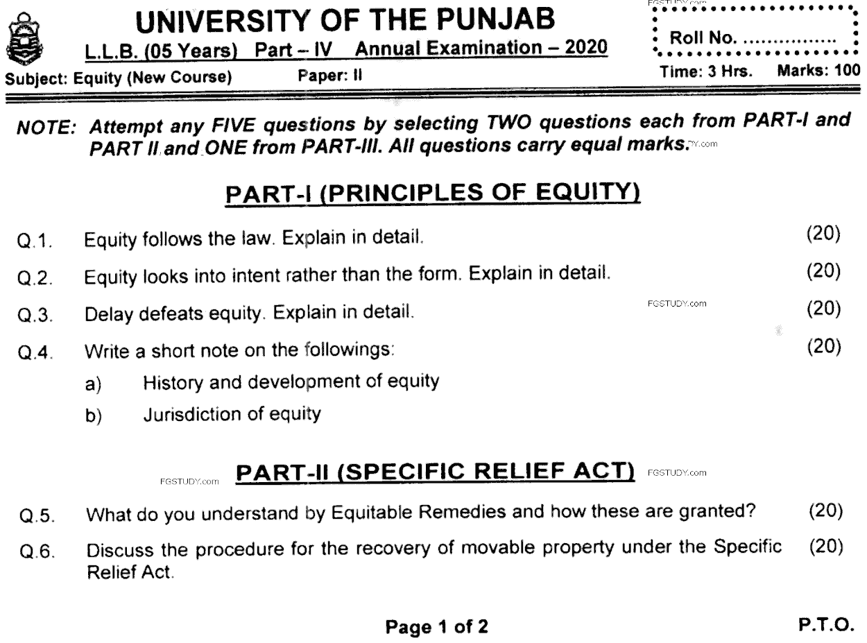 LLB Part 4 Equity Past Paper 2020 Punjab University