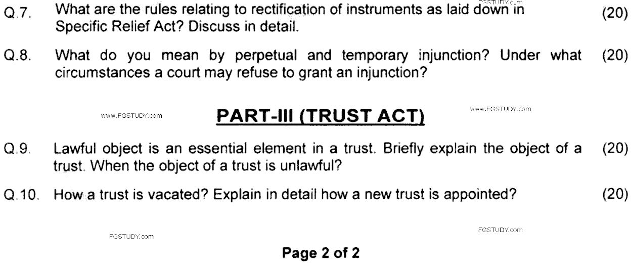 LLB Part 4 Equity Past Paper 2020 Punjab University