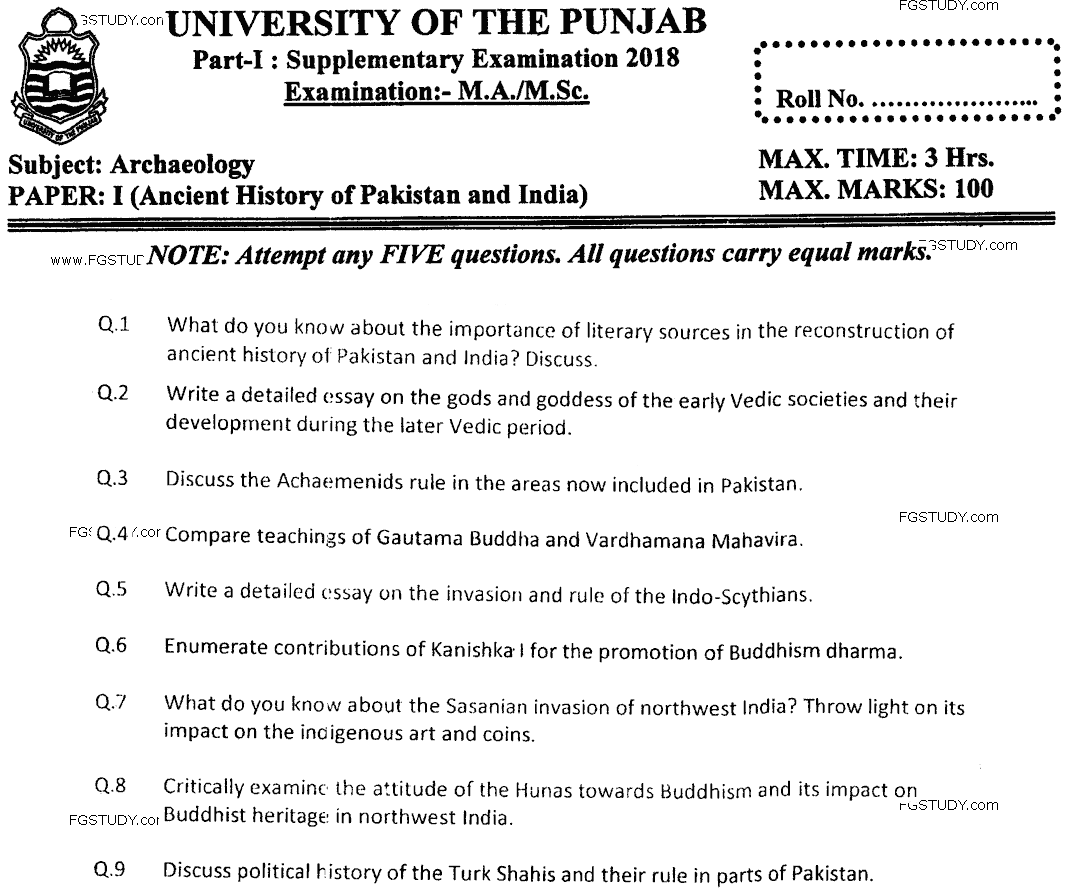 MA Part 1 Archaeology Ancient History Of Pakistan And India Past Paper 2018 Punjab University