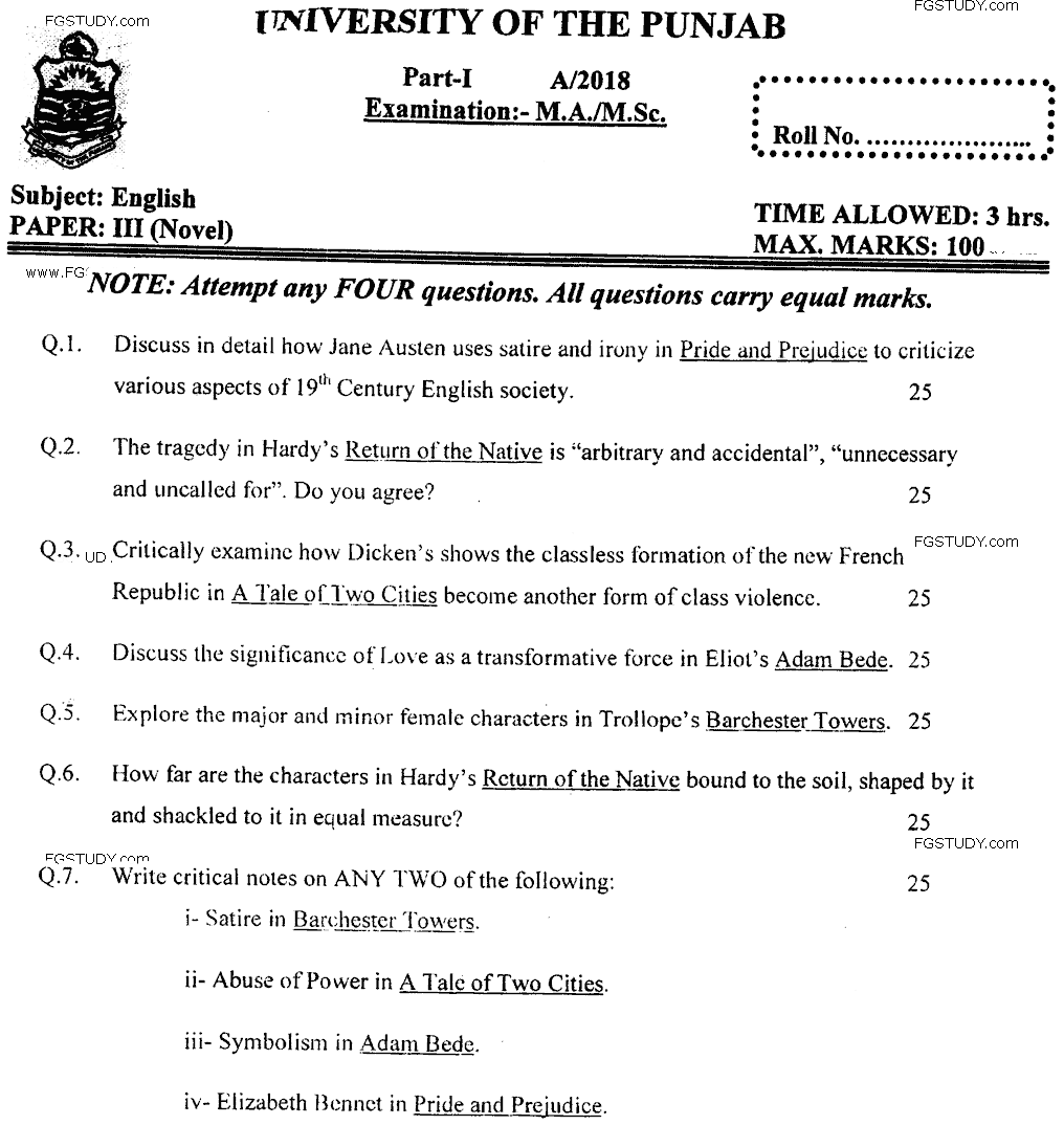 MA Part 1 English Novel Past Paper 2018 Punjab University
