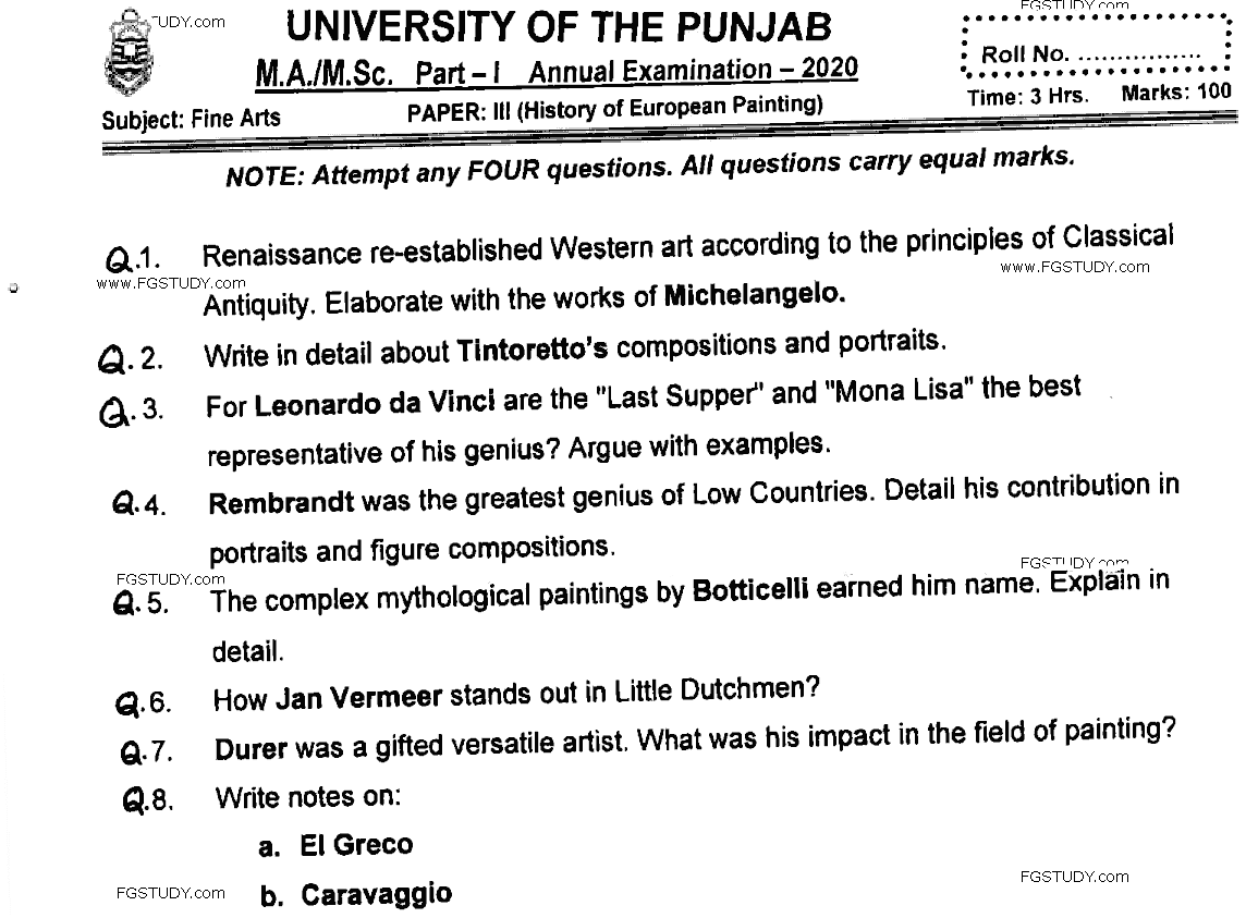 MA Part 1 Fine Arts History Of European Painting Past Paper 2020 Punjab University