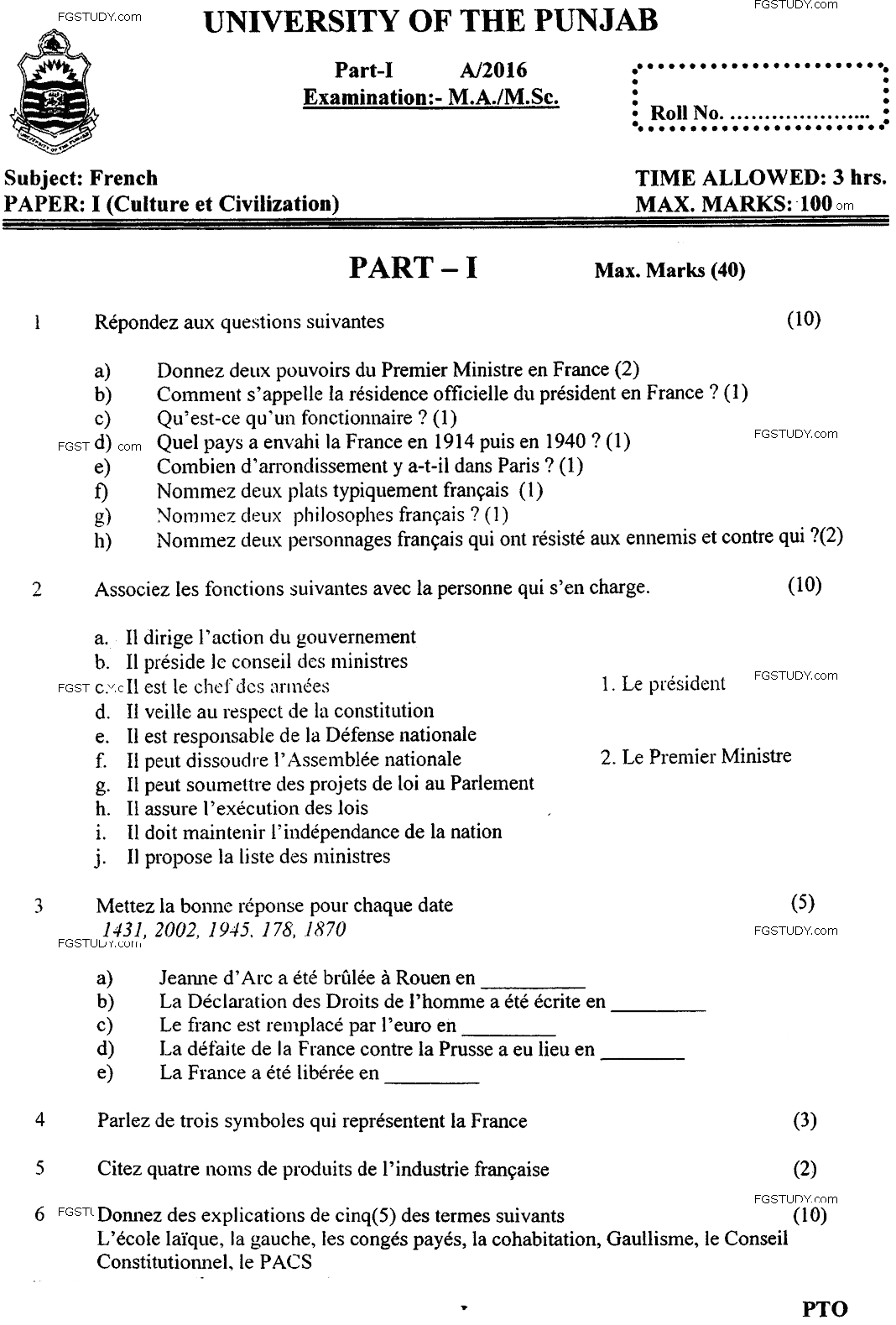 MA Part 1 French Culture Et Civilization Past Paper 2016 Punjab University