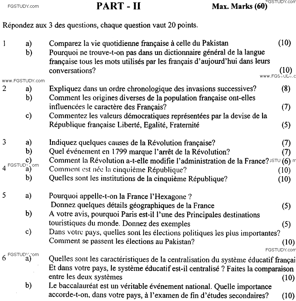 MA Part 1 French Culture Et Civilization Past Paper 2016 Punjab University