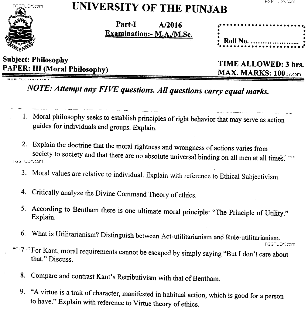 MA Part 1 Philosophy Moral Philosophy Past Paper 2016 Punjab University