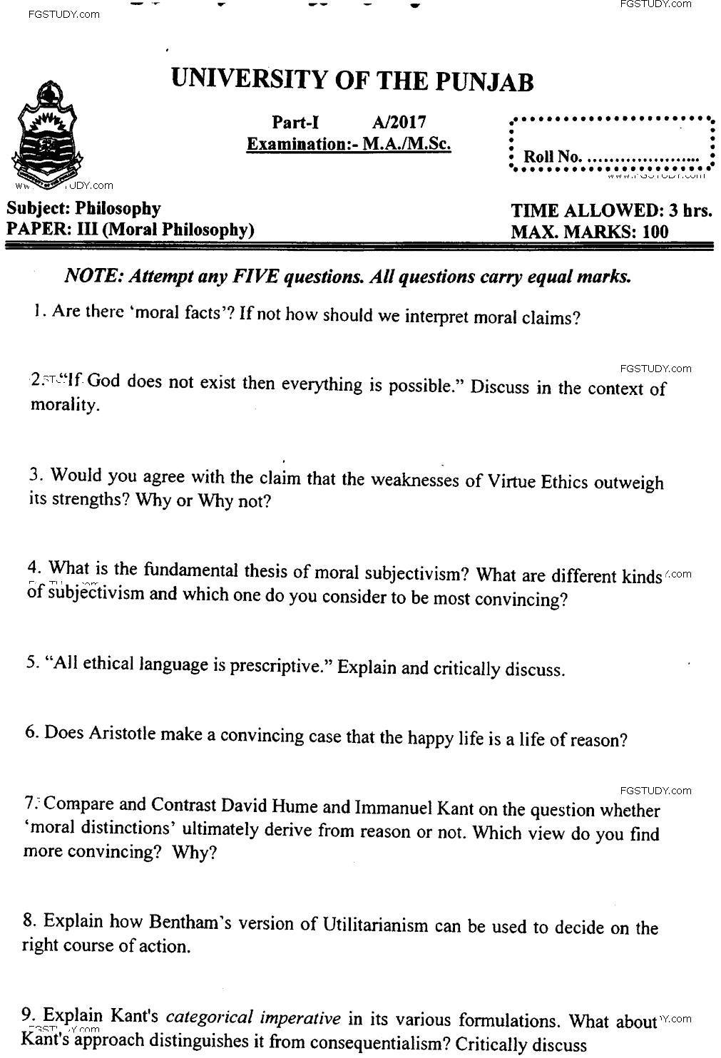 MA Part 1 Philosophy Moral Philosophy Past Paper 2017 Punjab University